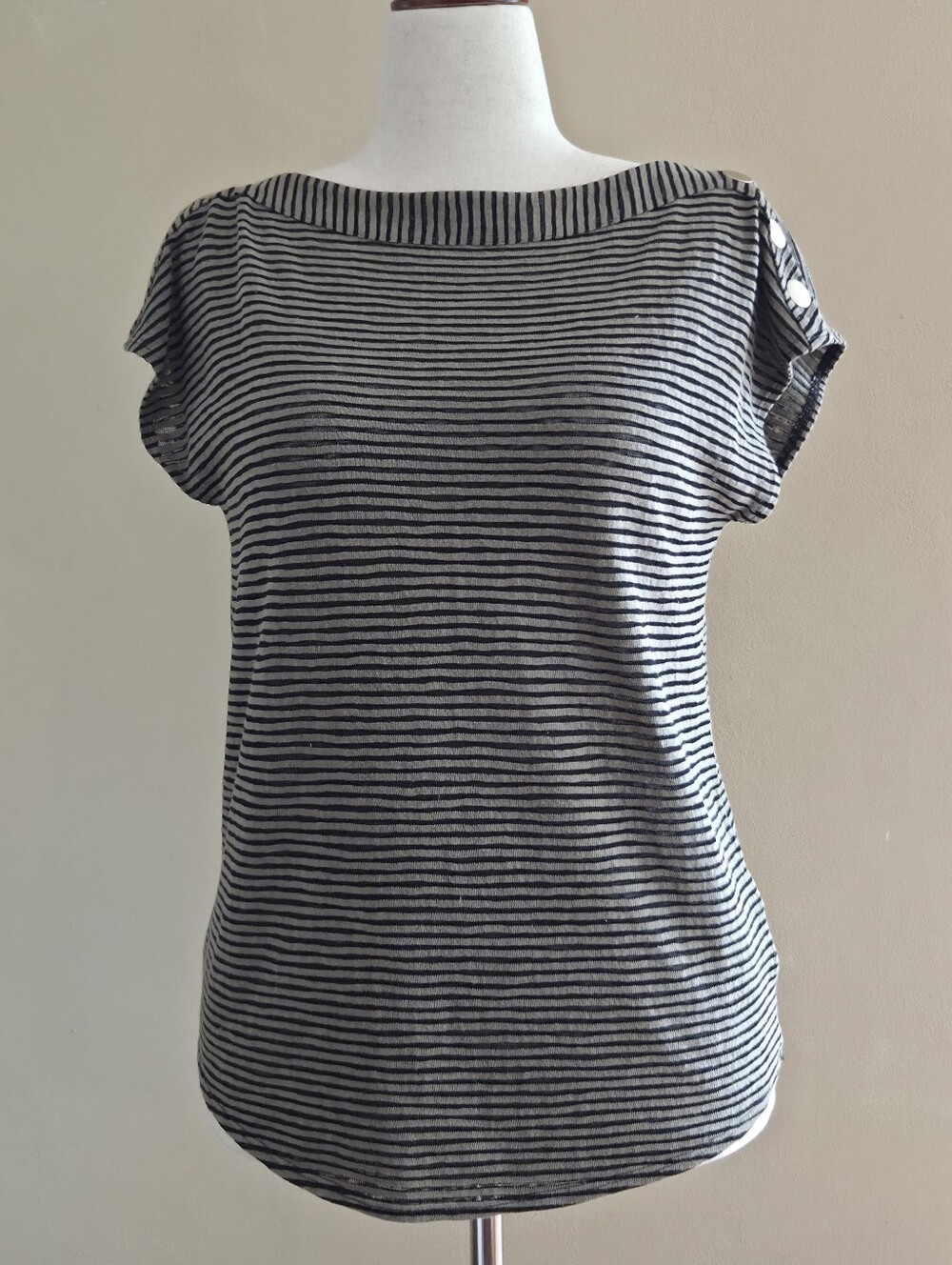 Jones New York Black and Green Striped Short-Sleeve Boatneck Top